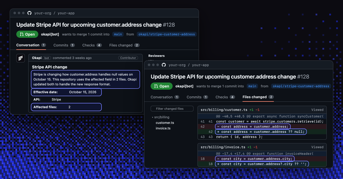 Two GitHub windows of a pull request opened by Okapi for a Stripe customer.address change: the Conversation tab with the effective date and affected files, and the Files changed tab with the fix in two files